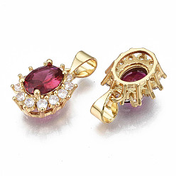 Red Brass Micro Pave Cubic Zirconia Charms, with Brass Snap on Bails, Oval, Real 18K Gold Plated, Nickel Free, Red, 14x11.5x7mm, Hole: 5x3.5mm