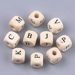 Antique White Natural Wooden European Beads, Horizontal Hole, Large Hole Beads, Undyed, Cube with Letter, Antique White, 10x9.5x9.5mm, Hole: 4mm, about 905pcs/500g