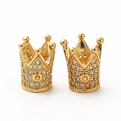 Golden Rack Plating Brass Micro Pave Cubic Zirconia Beads, Long-Lasting Plated, Cadmium Free & Lead Free, Crown, Golden, 12~12.5x10~11mm, Hole: 1.2mm