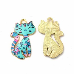 Turquoise Printed Alloy Pendants, Lead Free & Cadmium Free & Nickel Free, Cat Charm, Golden, Turquoise, 26x17x2mm, Hole: 2mm