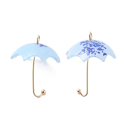 Bleu Ciel Clair Pendentifs acryliques, avec accessoires en alliage plaqués or , 3d parapluie avec motif de fleurs, lumière bleu ciel, 23x18x18mm, Trou: 1.6mm
