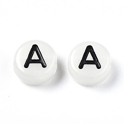 Letter A Acrylic Beads, with Enamel and Luminous, Horizontal Hole, Flat Round with Black Letter, Glow in the Dark, Light Grey, Letter.A, 7x3.5mm, Hole: 1.5mm, about 3600~3700pcs/500g