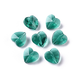 Verde azulado Perlas de vidrio transparentes, facetados, corazón, cerceta, 10x10x7 mm, agujero: 1~1.2 mm