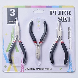 Black Carbon Steel Jewelry Pliers Sets, Ferronickel, Side Cutter, Round Nose and Chain Nose Pliers, Black, 11~12.5cm