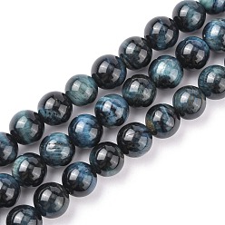 Prussian Blue Natural Tiger Eye Beads Strands, Grade AB+, Dyed & Heated, Round, Prussian Blue, 10mm, Hole: 1mm