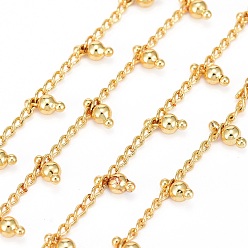Real 18K Gold Plated Handmade Brass Beaded Chains, with Brass Curb Chains and Spool, Long-Lasting Plated, Soldered, Lead Free & Cadmium Free, Round, Real 18K Gold Plated, 2.8x1.8x0.3mm, Round: 6x3x3mm, about 32.8 Feet(10m)/roll