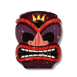 Red Printed Opaque Acrylic Pendants, Tiki Mask Charms, Red, 35.5x28x2mm, Hole: 1.8mm