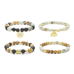Mixed Stone 4Pcs 4 Style Natural & Synthetic Mixed Gemstone & Buddhist Head Beaded Stretch Bracelets Set, Lotus & Elephant Alloy Charms Stackable Bracelets for Women, Inner Diameter: 2-1/2 inch(6.3cm), 1Pc/style