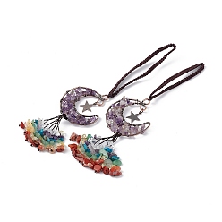 Amethyst Natural Amethyst Moon with Mixed Gemstone Chips Tassel Pendant Decorations, with Rack Plating Red Copper Plated Brass Findings, Cadmium Free & Lead Free, 205~208mm