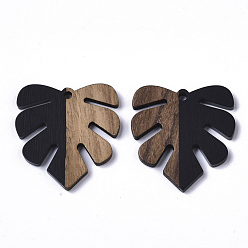 Black Resin & Walnut Wood Pendants, Tropical Leaf Charms, Monstera Leaf Pendant, Black, 30x28x3.5mm, Hole: 2mm