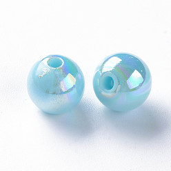 Bleu Ciel Perles acryliques opaques, de couleur plaquée ab , ronde, bleu ciel, 10x9mm, Trou: 2mm, environ940 pcs / 500 g