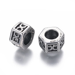 Antique Silver 304 Stainless Steel European Beads, Large Hole Beads, Hexagon, Antique Silver, 8~9.5x5.5mm, Hole: 4.5mm