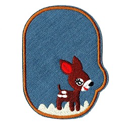 Steel Blue Computerized Embroidery Cloth Iron on/Sew on Patches, Costume Accessories, Oval with Sika deer, Steel Blue, 11.7x8.7cm