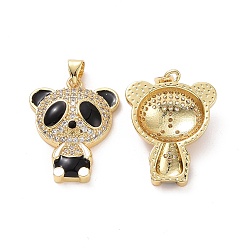 Black Brass Micro Pave Clear Cubic Zirconia Pendants, with Enamel, Panda Charms, Golden, Black & White, 26x20x5.5mm, Hole: 3.5x4mm