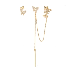 Clear Cubic Zirconia Butterfly Asymmetrical Earrings, Real 18K Gold Plated Brass Long Chain Dangle Stud Earrings with Earcuffs for Women, Lead Free & Cadmium Free, Clear, 242mm, Pin: 0.9mm