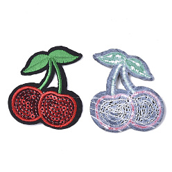Red Computerized Embroidery Cloth Iron On Patches, with Paillette, Costume Accessories, Appliques, Cherry, Red, 56x48x1.5mm