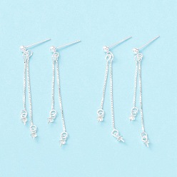Silver 925 Sterling Silver Stud Earring Findings, Long Chain Tassel with Double Peg Bails, for Half Drilled Beads, Silver, 55.5mm, Pin: 0.7mm and 0.6mm(for half drilled beads)