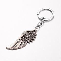 Antique Silver Wing Alloy Keychain, with Iron Chain and Rings, Antique Silver, 110mm