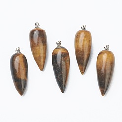 Tiger Eye Natural Tiger Eye Pointed Pendants, with Platinum Brass Findings, Bullet, 32~33x12mm, Hole: 2.5x6mm