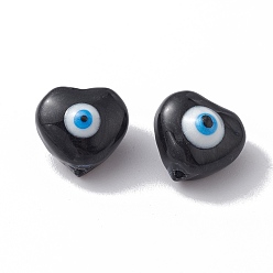 Black Glass Beads, with Enamel, Heart with Evil Eye Pattern, Black, 10.5x11x7mm, Hole: 1mm