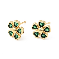Green Rack Plating Brass Cubic Zirconia Stud Earrings for Women, Cadmium Free & Lead Free, Heart Flower, Real 18K Gold Plated, Green, 10.5x11mm, Pin: 0.7mm