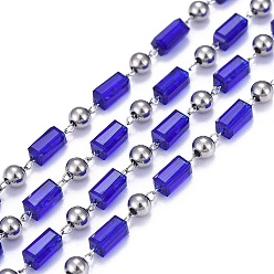 Stainless Steel Color Handmade Glass Beaded Chains, Soldered, with Spool & 304 Stainless Steel Findings, Blue, Stainless Steel Color, Beads: 6.5x3.5x3.5mm and 4x3mm, link: 2.5x1x0.2mm, about 16.4 Feet(5m)/roll