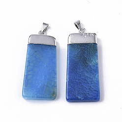Dodger Blue Top Platinum Plated Natural Agate Big Pendants, with Platinum Plated Iron Pinch Bail, Trapezoid, Dyed, Dodger Blue, 51.5~55x22~24x5~10mm, Hole: 7x4mm