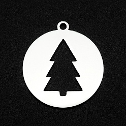 Couleur Acier Inoxydable Pendentifs de Noël 201 en acier inoxydable, Coupe au laser, creux, Plat rond avec arbre de noel, couleur inox, 22x20x1mm, Trou: 1.6mm