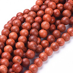 Orange Red Natural Wood Beads Strands, Round, Orange Red, 6mm, Hole: 1mm, about 64pcs/strand, 15.7 inch(40cm)