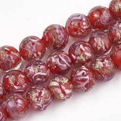 Rouge Perles au chalumeau de sable d'or faites à la main , fleur intérieure, ronde, rouge, 10~10.5x9~10mm, Trou: 1.5~2mm
