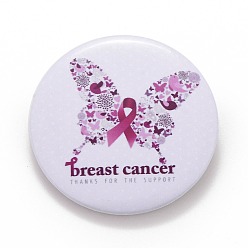 Butterfly Breast Cancer Awareness Month Tinplate Brooch Pin, Pink Flat Round Badge for Clothing Bags Jackets, Platinum, Butterfly Pattern, 44x7mm