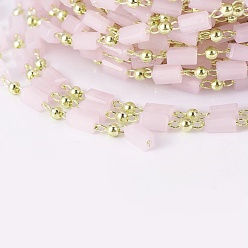Pink Handmade Glass Beaded Chains, Soldered, with Brass Findings, with Spool, Long-Lasting Plated, Real 18K Gold Plated, Cuboid, Pink, 4.5x2.5~3x2.5~3mm, 2mm, about 32.8 Feet(10m)/roll