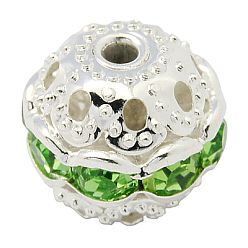 Verde Cuentas /  Abalorios de rhinestone de latón, Grado A, rondo, el color plateado de plata, verde, tamaño: cerca de 10 mm de diámetro, agujero: 1.2 mm