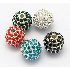 Mixed Color Alloy Beads, with Rhinestones, Grade A, Round, Silver Color Plated, Mixed Color, Size: about 10mm in diameter hole: 2mm