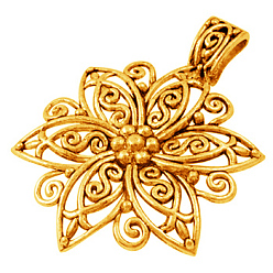 Golden Tibetan Style Alloy Focal Pendants, Lead Free and Cadmium Free, Fancy Filigree Flower, Golden, 64x46.5x1.5mm, Hole: 11mm