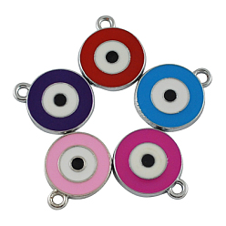 Mixed Color Zinc Alloy Enamel Pendants, Lead Free and Cadmium Free, Flat Round with Evil Eye, Platinum Metal Color, Mixed Color, 21x16x2mm, Hole: 2mm