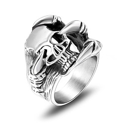 Color de Acero Inoxidable Calavera de acero titanio con anillo de dedo en forma de garra, joyería punk gótica para hombres mujeres, color acero inoxidable, tamaño de EE. UU. 12 (21.4 mm)