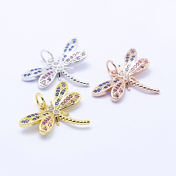 Mixed Color Brass Micro Pave Cubic Zirconia Pendants, Dragonfly, Lead Free & Nickel Free & Cadmium Free, Colorful, Mixed Color, 16.5x22x3mm, Hole: 3mm