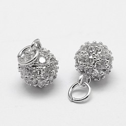 Real Platinum Plated Round Brass Micro Pave Grade AAA Cubic Zirconia Charms, Cadmium Free & Nickel Free & Lead Free, Real Platinum Plated, 6mm, Hole: 3mm
