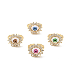 Mixed Color Cubic Zirconia Sun with Evil Eye Open Cuff Ring with Acrylic, Real 18K Gold Plated Brass Jewelry for Women, Cadmium Free & Lead Free, Mixed Color, US Size 6 1/2(16.9mm)