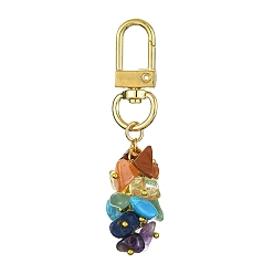 Golden Chakra Gemstone Chip Beaded Pendant Decorations, with Alloy Swivel Clasps, Golden, 69mm