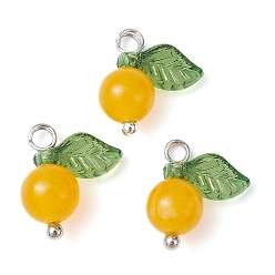 Gold Natural Dyed White Jade Fruit Charms, with Acrylic Leaf and Platinum Plated Brass Loops, Gold, 13x12x6mm, Hole: 2mm