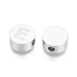 Letter E 304 Stainless Steel Beads, Flat Round with Letter, Letter.E, 10x4.5mm, Hole: 2mm