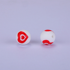 Roja Cuentas focales de silicona redondas impresas con patrón de corazones, rojo, 15x15 mm, agujero: 2 mm