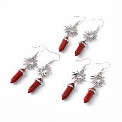 Jaspe Rouge Balle de jaspe rouge naturel avec boucles d'oreilles pendantes soleil, Boucles d'oreilles longues en laiton platine pour femme, 60mm, pin: 0.6 mm