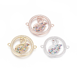 Mixed Color Brass Micro Pave Cubic Zirconia Links, Flat Round and Swan, Mixed Color, 21x26.5x2mm, Hole: 1.6mm