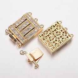 Golden Brass Cubic Zirconia Box Clasps, Cadmium Free & Nickel Free & Lead Free, Rectangle, Golden, 32.5x22x6.4mm, Hole: 1.5 & 2.5mm