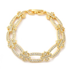 Real 18K Gold Plated Cubic Zirconia Oval & Cross Link Chain Bracelet, Brass Bracelet, Lead Free & Cadmium Free, Real 18K Gold Plated, 7-1/8 inch(18cm)