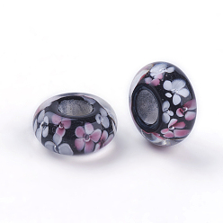 Black Handmade Lampwork Beads, Large Hole Beads, Rondelle with Flower, Black, 14x6.5mm, Hole: 6mm