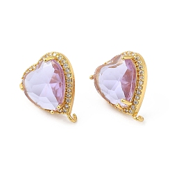 Lilac Rack Plating Brass Rhinestone Stud Earring Finding, with Glass, Heart with Vertical Loops, Real 18K Gold Plated, Cadmium Free & Lead Free, Lilac, 20.5x17mm, Hole: 1.6mm, Pin: 0.7mm